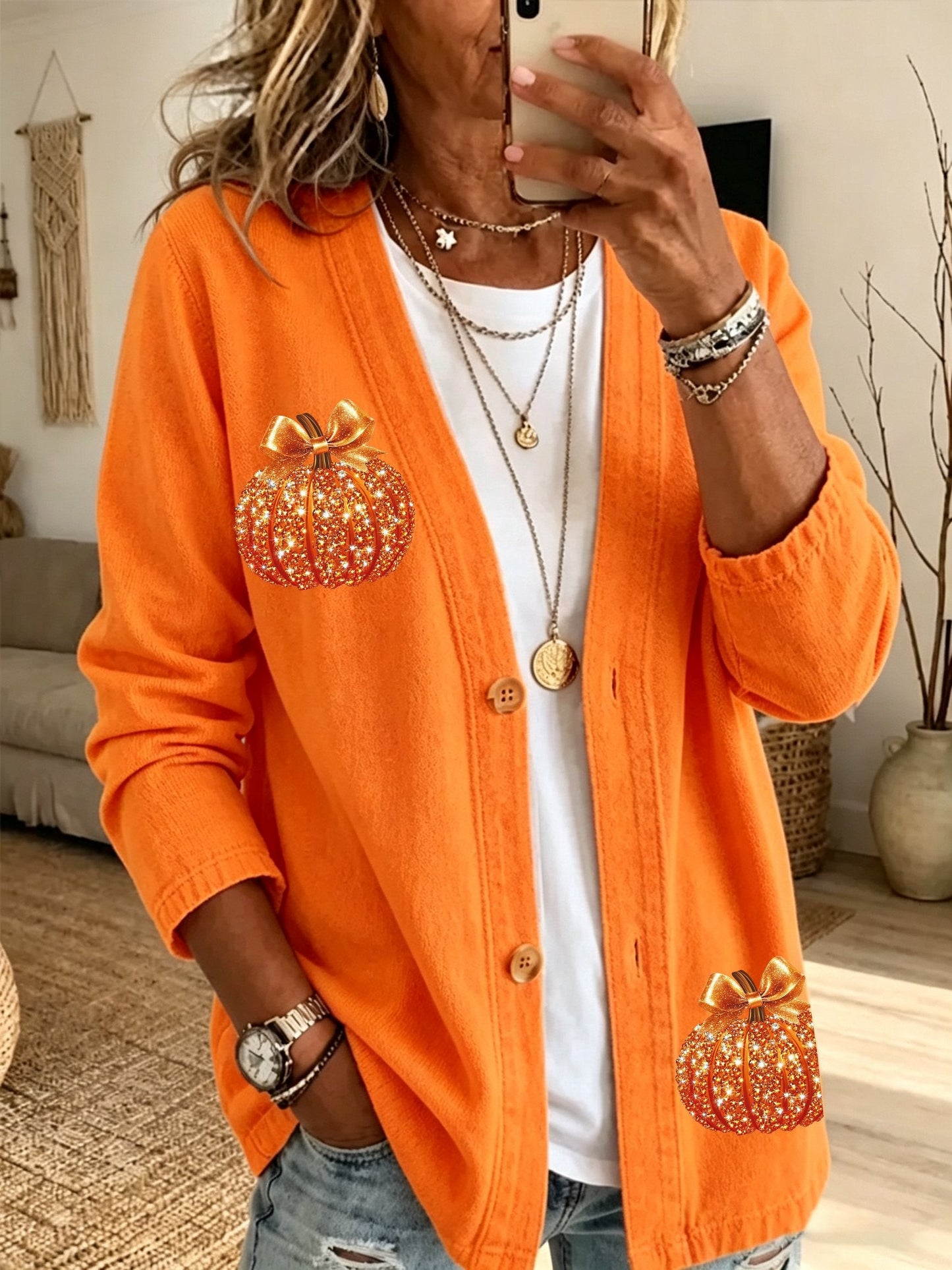 Women's Fall Patchwork Pumpkin Print Cardigan