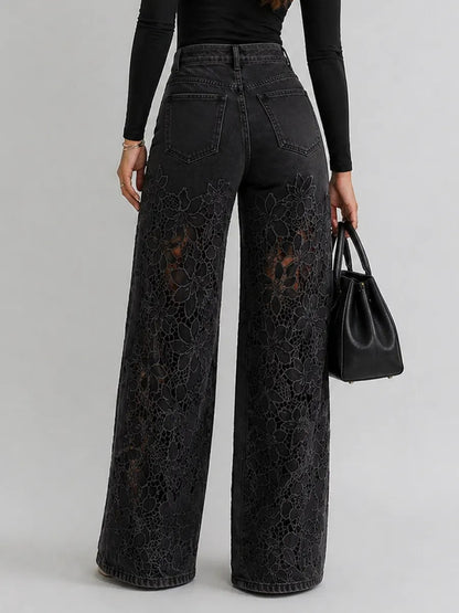 Lace Cut-out Wide-leg Denim Jeans