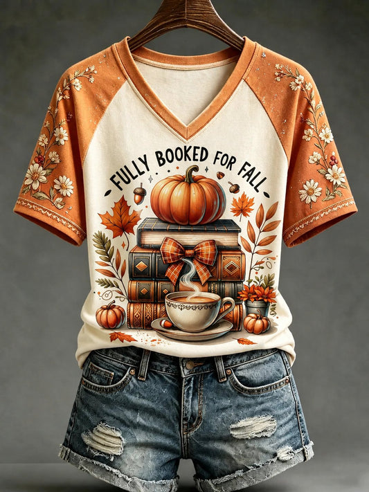 Women's Pumpkin Print Short-Sleeve T-Shirt for Autumn