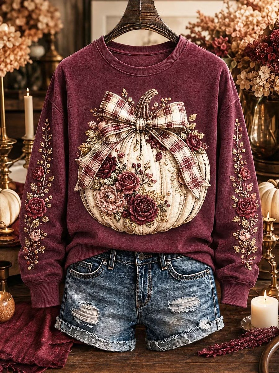 Autumn Pumpkin Floral Bow Vintage Women’s Crewneck Sweatshirt
