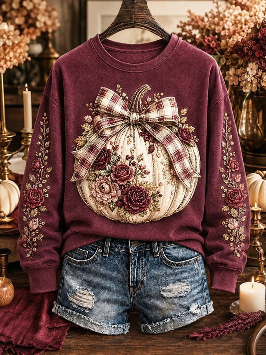 Autumn Pumpkin Floral Bow Vintage Women’s Crewneck Sweatshirt