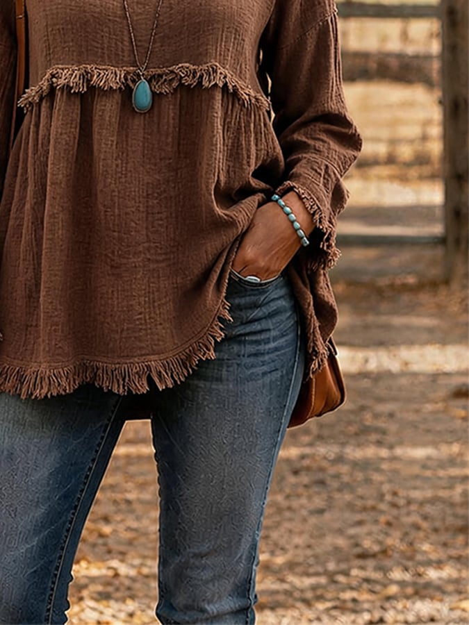 Women'S Casual Round Neck Cotton And Linen Top With Frayed Edges