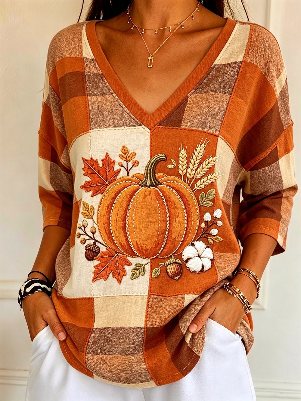 Women's Autumn Collection Printed V-Neck Long-Sleeve T-Shirt