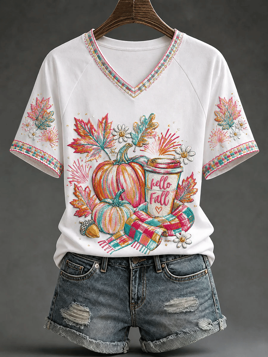 Women's Fall Pumpkin V-Neck T-Shirts