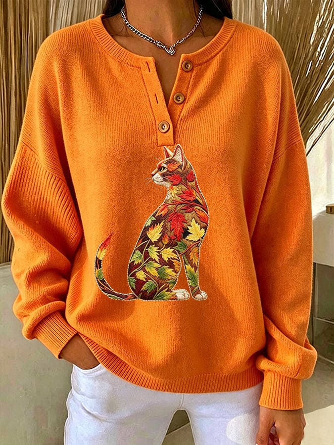 Women's Casual Print Button-Up Collar Knit Top