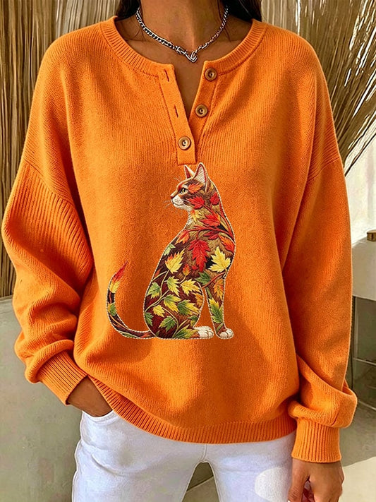 Women's Casual Print Button-Up Collar Knit Top