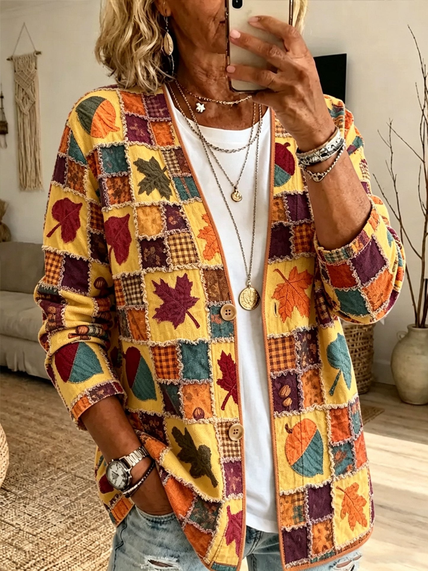 Women's Fall Patchwork Pumpkin Print Cardigan