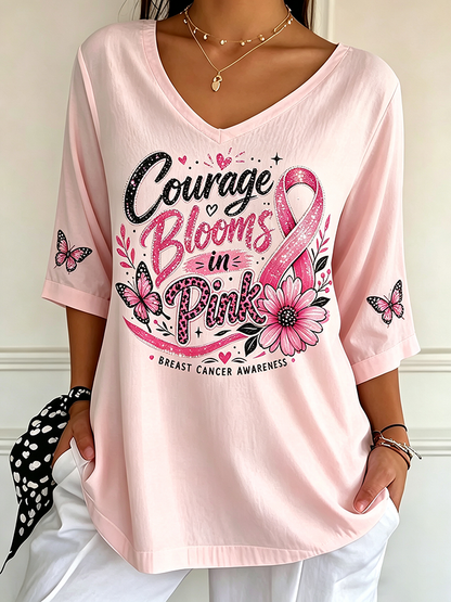 Women's Courage Blooms In Pink Butterfly Breast Cancer Awareness V Neck T Shirt