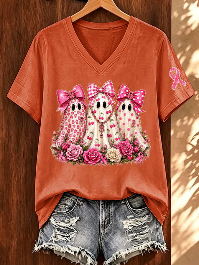 Women'S Breast Cancer Awareness And Ghost Witch Halloween Support Printed T-Shirt