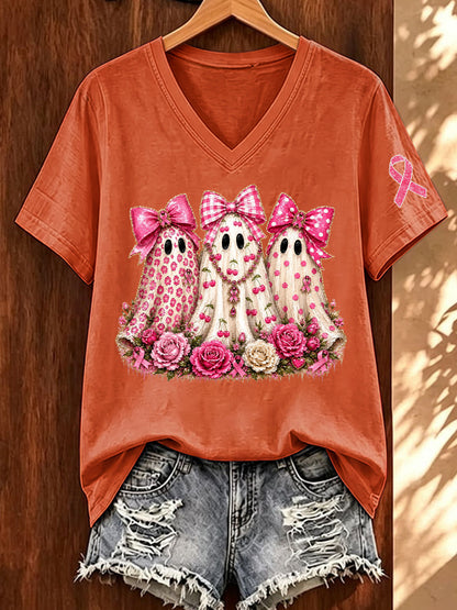Women'S Breast Cancer Awareness And Ghost Witch Halloween Support Printed T-Shirt