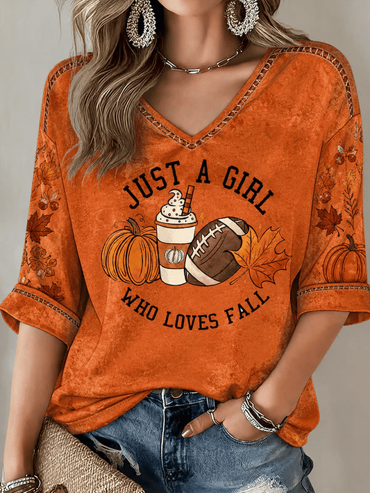 Women's Just A Girl Who Loves Fall Printed Mid-length Sleeves V-Neck T-Shirt