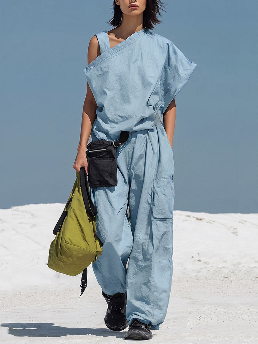 Women's Solid-color Cotton Two-piece Set: Asymmetrical-sleeve Loose-fit Top & Elastic-waist Wide-leg Pants