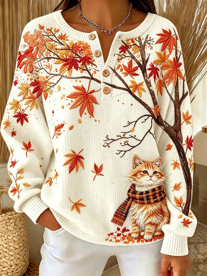 Women's Casual Print Button-Up Collar Knit Top
