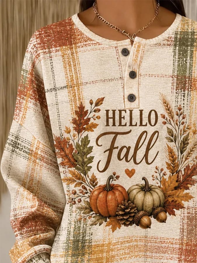 Women's Casual Printed Waffle-Knit Henley Sweatshirt