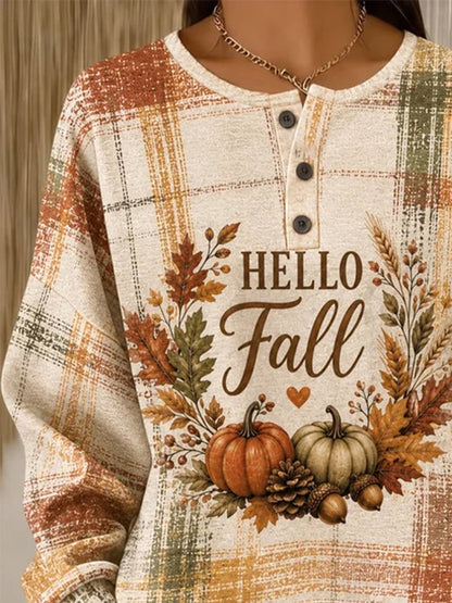 Women's Casual Printed Waffle-Knit Henley Sweatshirt