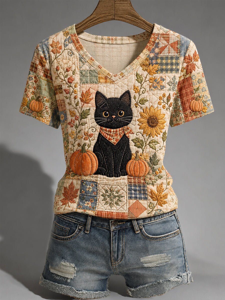 Women's Autumn Floral Plaid Patchwork Black Cat Print T-Shirt