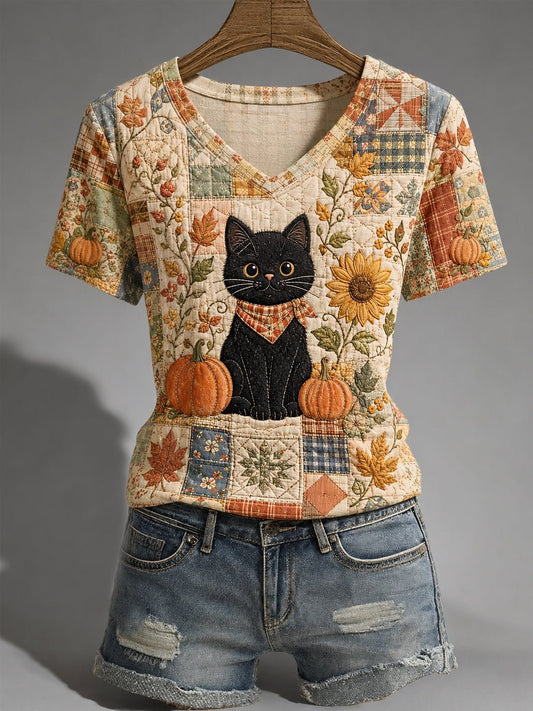 Women's Autumn Floral Plaid Patchwork Black Cat Print T-Shirt