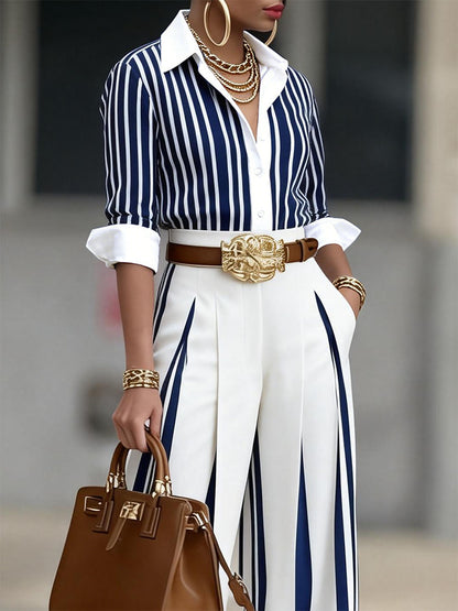 Elegant Striped Shirt & High Waist Wide Leg Pants Set