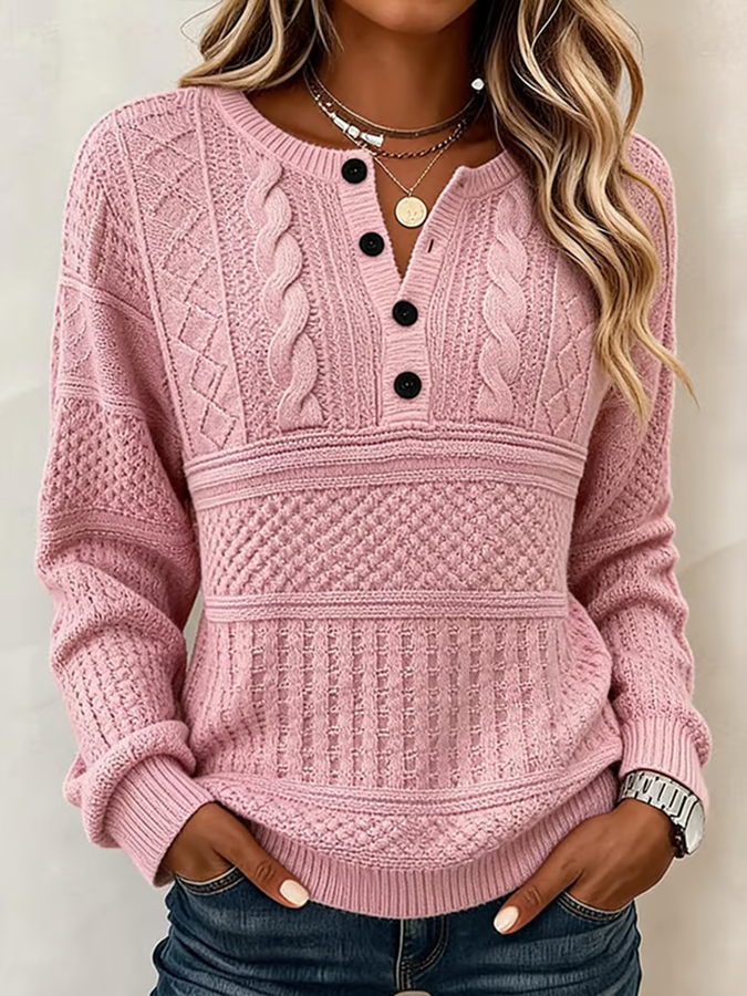 Women'S Casual Printed Henry Button Knit Top