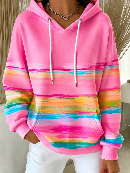 Women'S Pink Art Print Hooded Sweatshirt