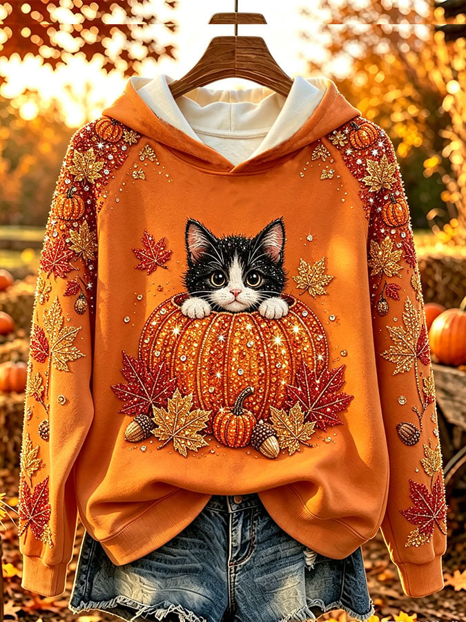 Women'S Casual Cat And Pumpkin Print Hooded Sweatshirt