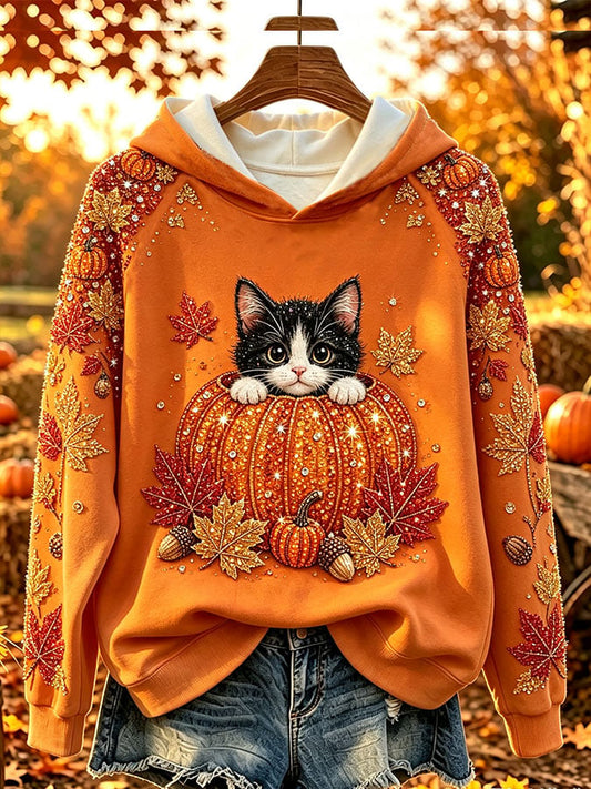 Women'S Casual Cat And Pumpkin Print Hooded Sweatshirt