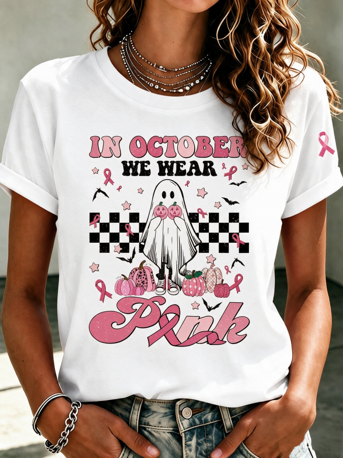 Women'S In October We Wear Pink Printed Casual T-Shirt