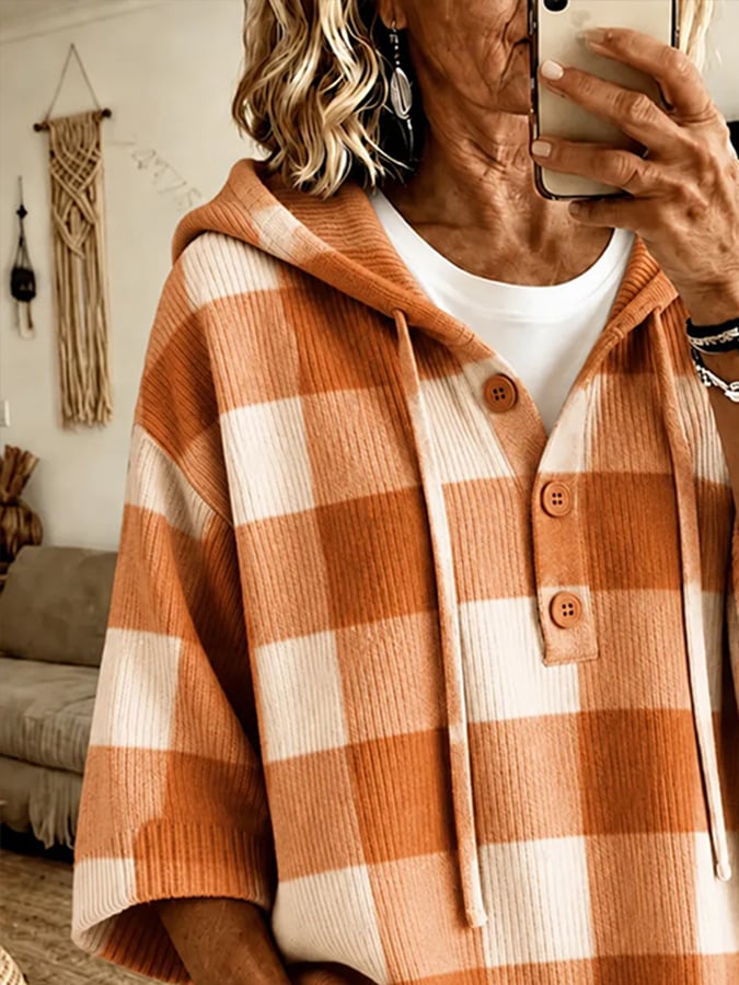 Women's Autumn Plaid Print Ribbed Hoodie
