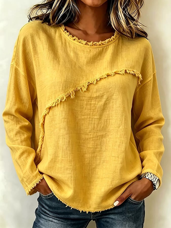 Women'S Round Neck Patchwork Lace Long Sleeve Casual Top
