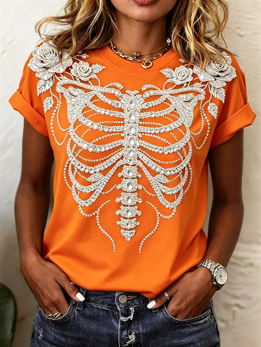Women's Skull Rhinestone Print Crew Neck Short Sleeve T-Shirt