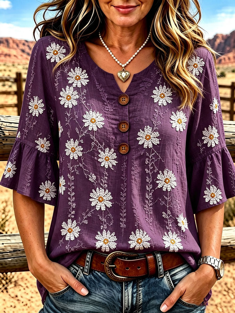 Ladies' Western Style Cotton And Linen Casual Top