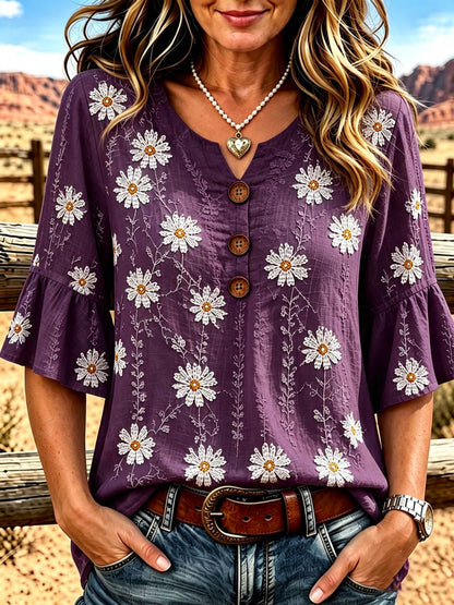 Ladies' Western Style Cotton And Linen Casual Top