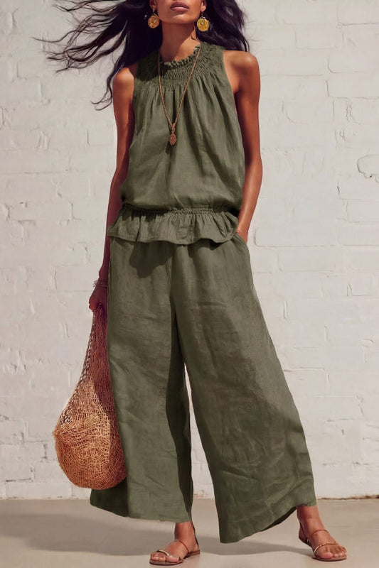 Linen Blend Round Neck Sleeveless Ruffled Top and Elastic Waist Casual Pocket Wide-leg Pants Set