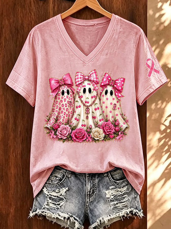 Women'S Breast Cancer Awareness And Ghost Witch Halloween Support Printed T-Shirt
