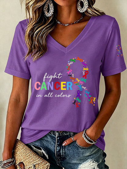 Women'S Fight Cancer In All Color Printed V-Neck T-Shirt