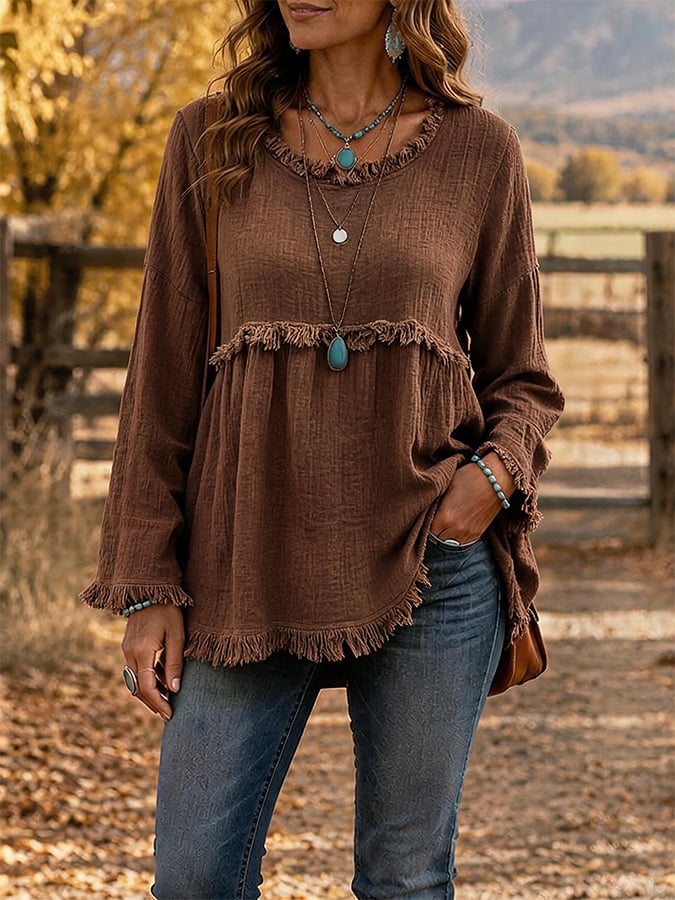 Women'S Casual Round Neck Cotton And Linen Top With Frayed Edges