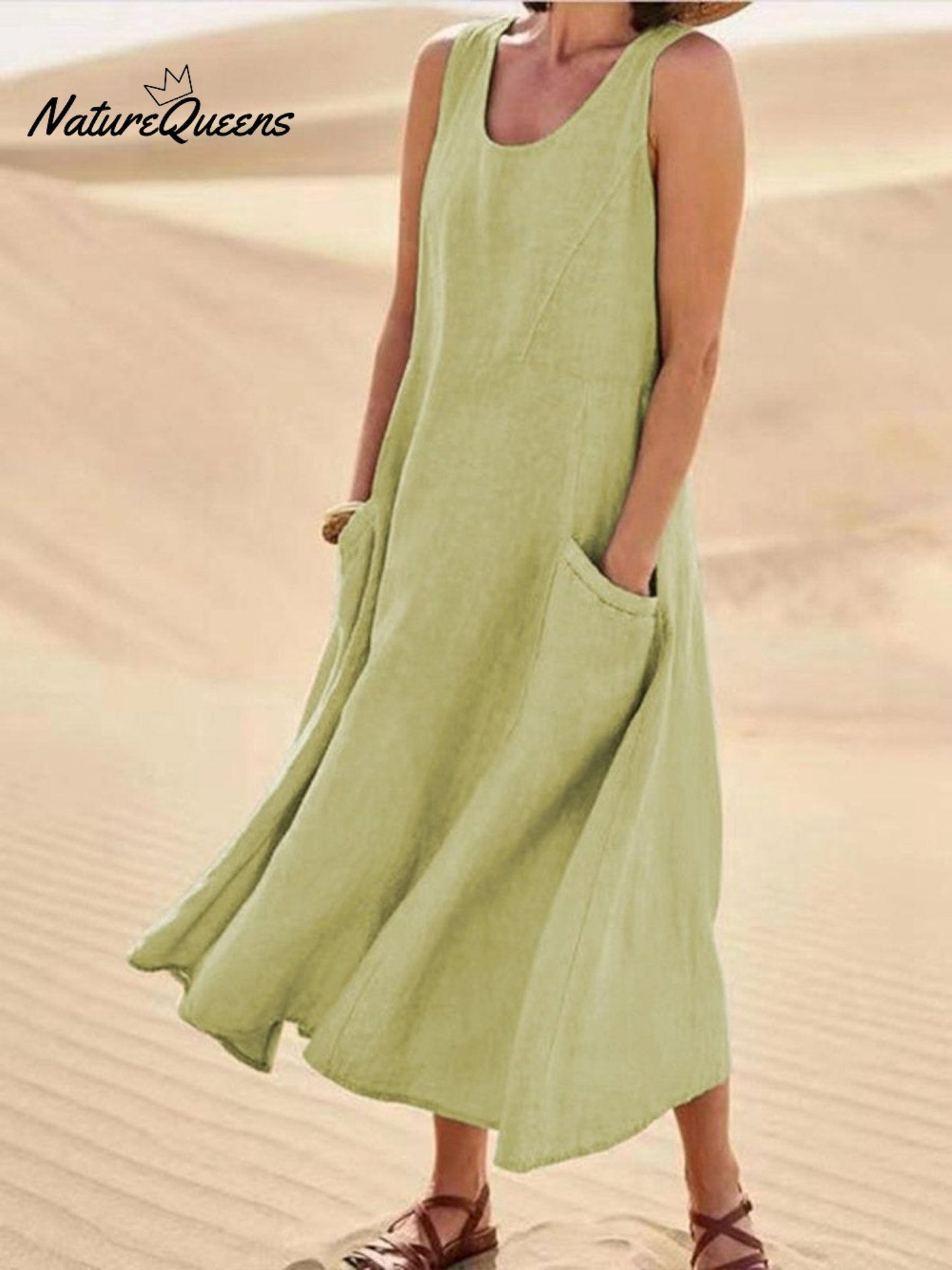 Women Sleeveless Sundress Elegant Round Neck Cotton Linen Solid Long Tank Casual Summer Dress