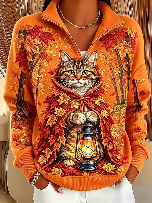 Women's Casual Printed Zipper Collar Long-Sleeve Sweatshirt