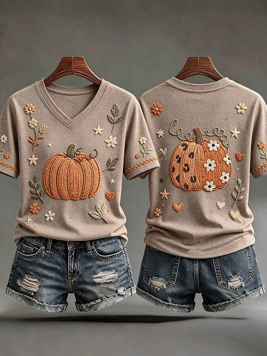 Women's Pumpkin Print Short-Sleeve T-Shirt for Autumn