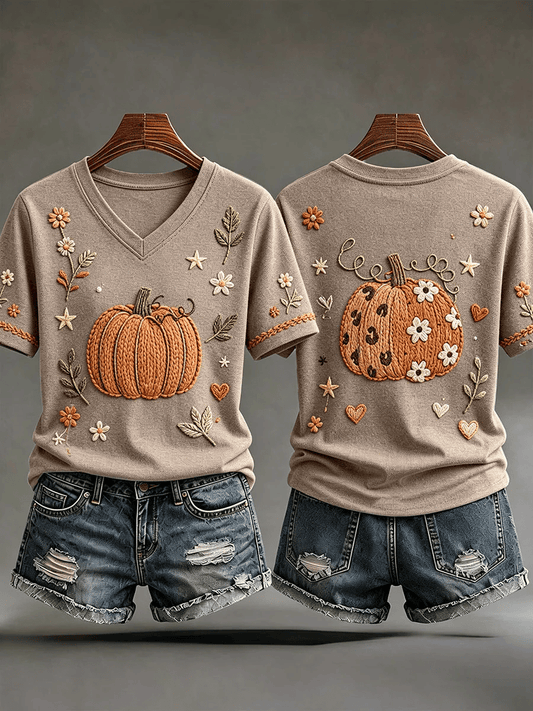 Women's Pumpkin Print Short-Sleeve T-Shirt for Autumn