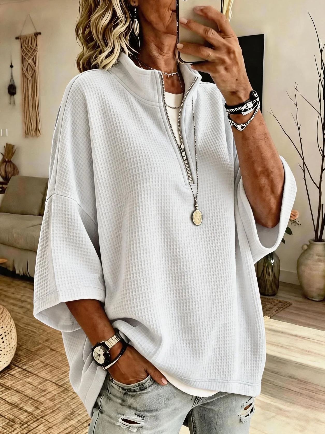 Women's Solid-Color Waffle-Knit Loose Half-Zip Sweatshirt
