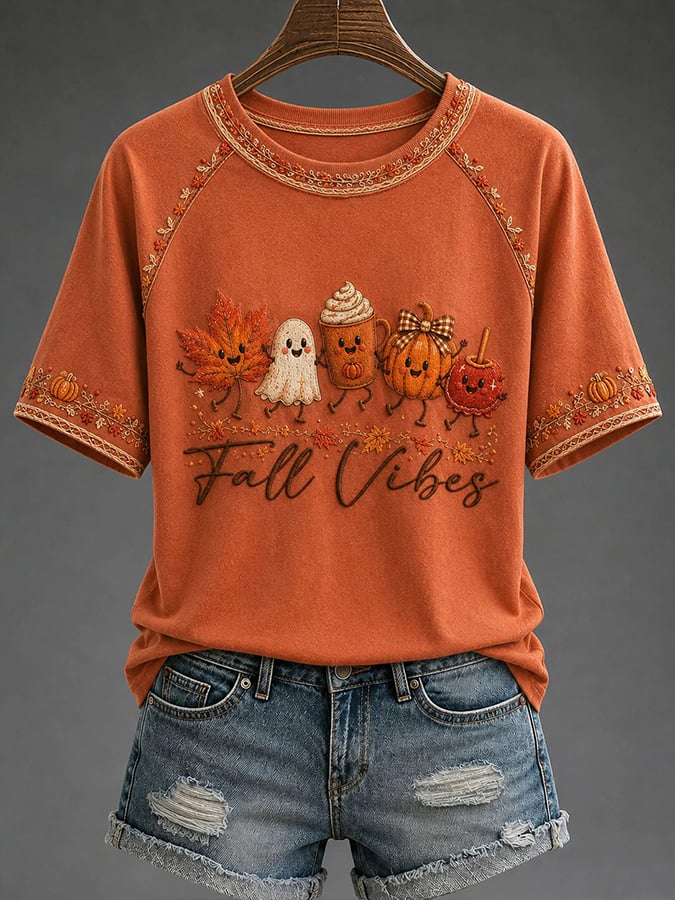 Women's Retro Fall Print Comfortable T-Shirt