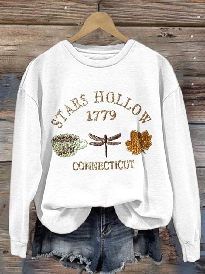 Retro Fall Stars Hollow 1779 Connecticut Luke’s Coffee Cup Dragonfly Maple Leaf Print Sweatshirt