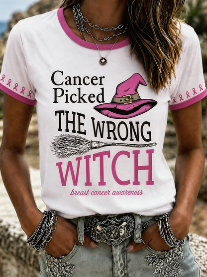 Women's Cancer Picked The Wrong Witch Breast Cancer Awareness Ringer Tee