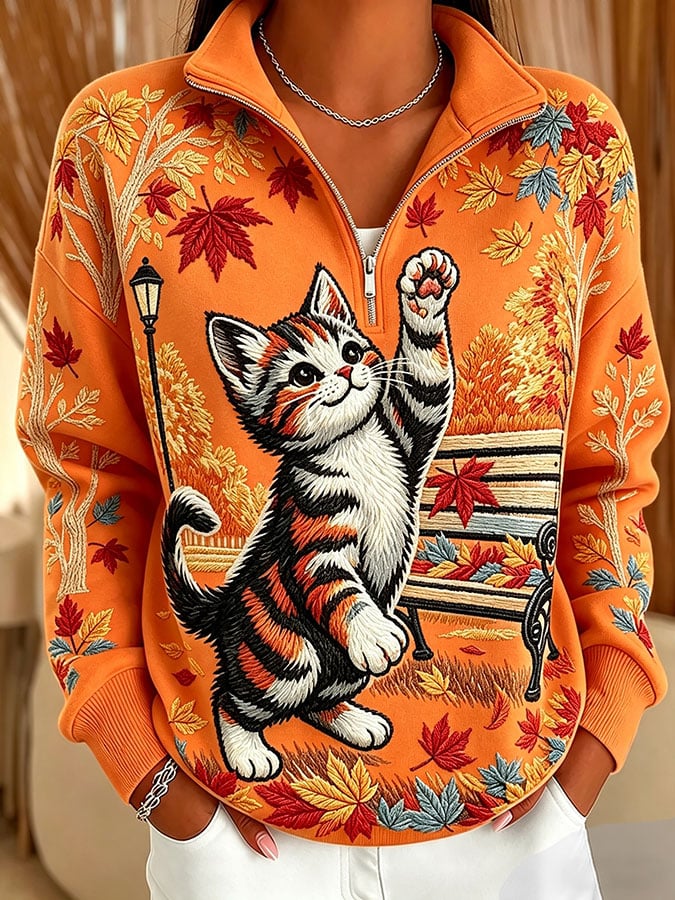 Women's Casual Printed Zipper Collar Long-Sleeve Sweatshirt