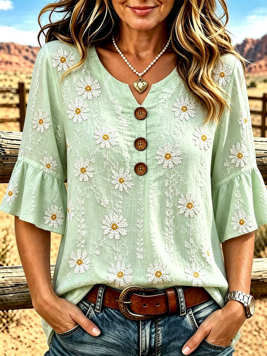 Ladies' Western Style Cotton And Linen Casual Top