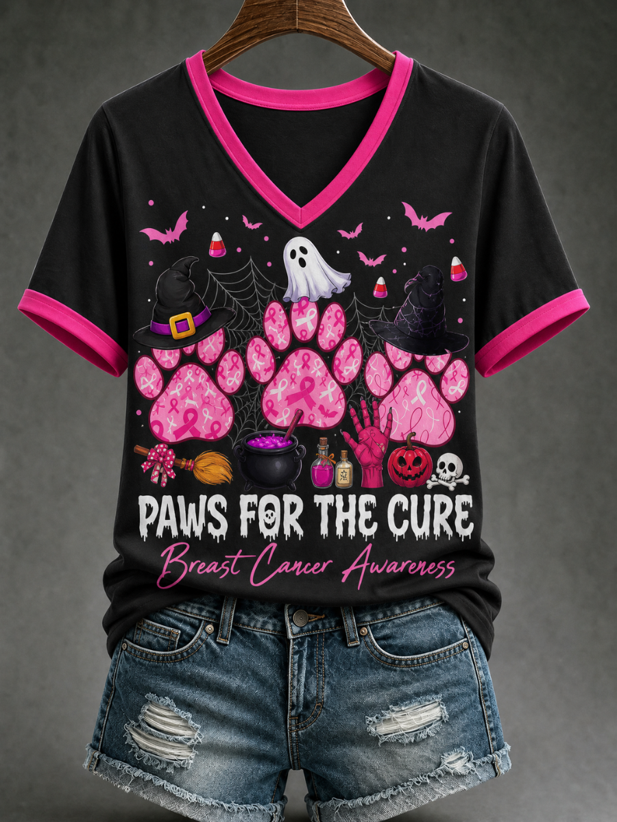 Women's Breast Cancer Awareness Cat Halloween style Printed T-Shirt
