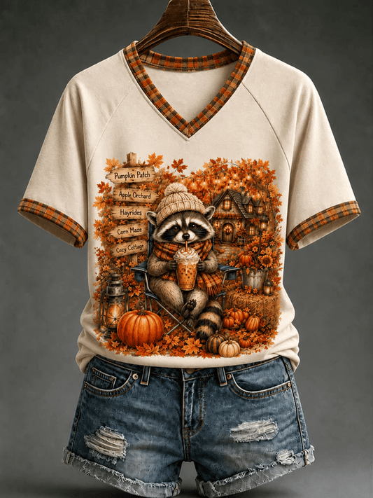 Women's Fun Fall Raccoon Coffee Print T-Shirts