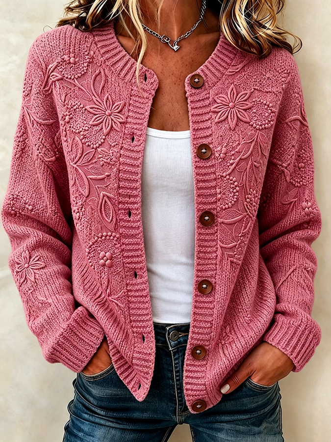 Ladies' Casual Plant Flower Knitted Cardigan Top