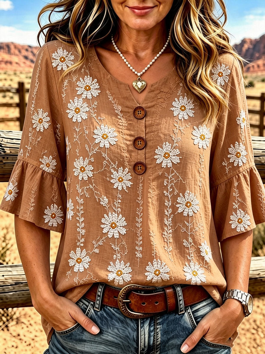 Ladies' Western Style Cotton And Linen Casual Top